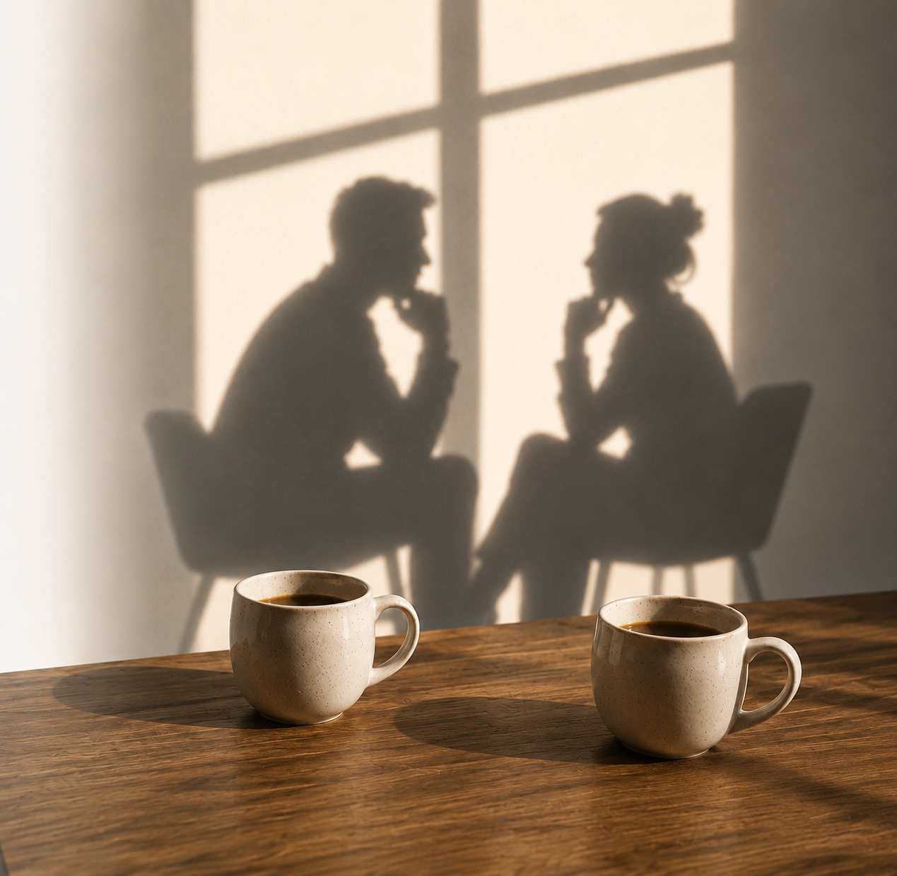 Two founders in conversation over coffee, shown as silhouettes against a sunlit window
